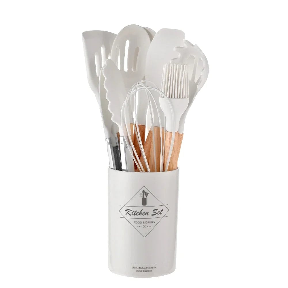 12PC Silicone Kitchen Utensils Set Non-Stick Wooden Handle Spatula