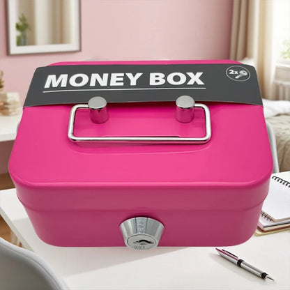 Metal Piggy Bank Box with Lock & Key - Portable Coin Money Safe