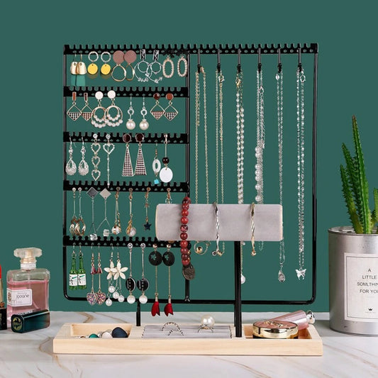 Metal Jewelry Organizer Stand with Wooden Tray - Multi-Functional