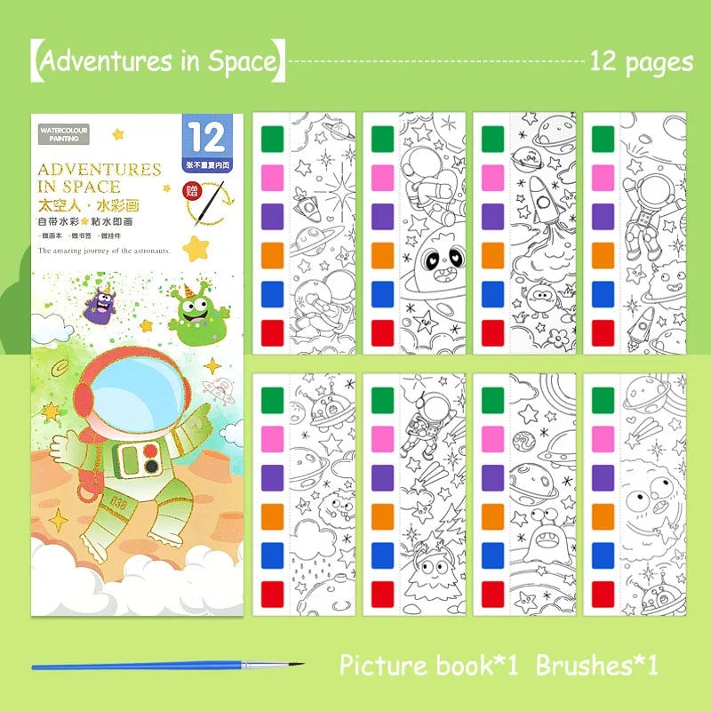 12-Sheet Portable Watercolor Book with Brush - Kids Art Set