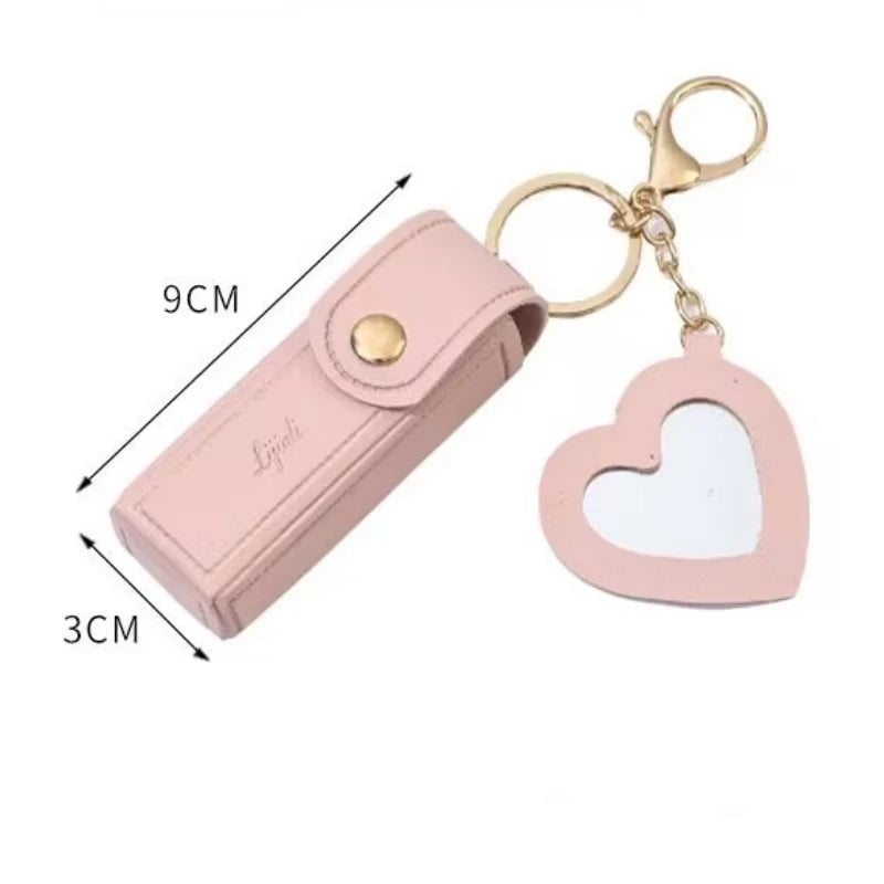 Leather Lipstick Pouch with Mirror & Keychain - Protective Makeup Bag