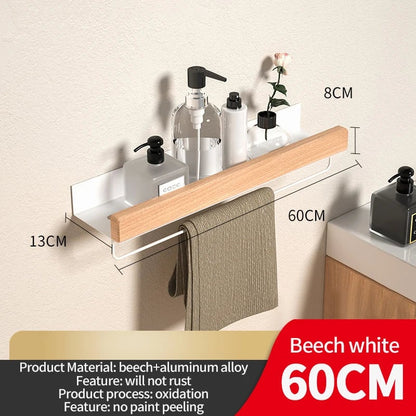 Wood Aluminum Corner Bathroom Shelf Wall Mount Shampoo Storage Rack