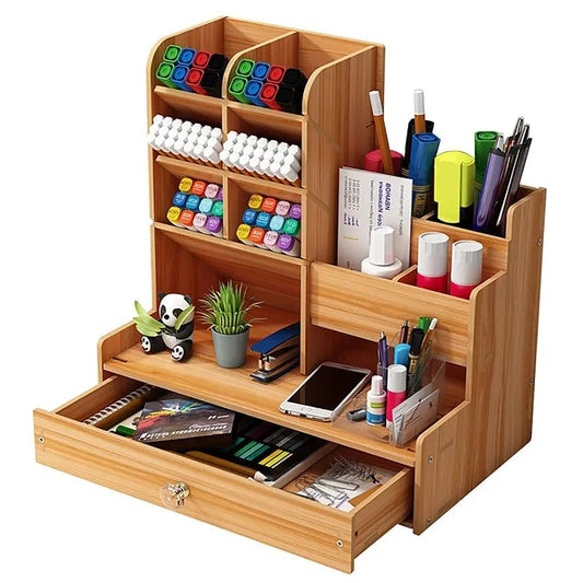 Large Wooden DIY Desk Organiser with Drawer - Multi-Compartment Pen