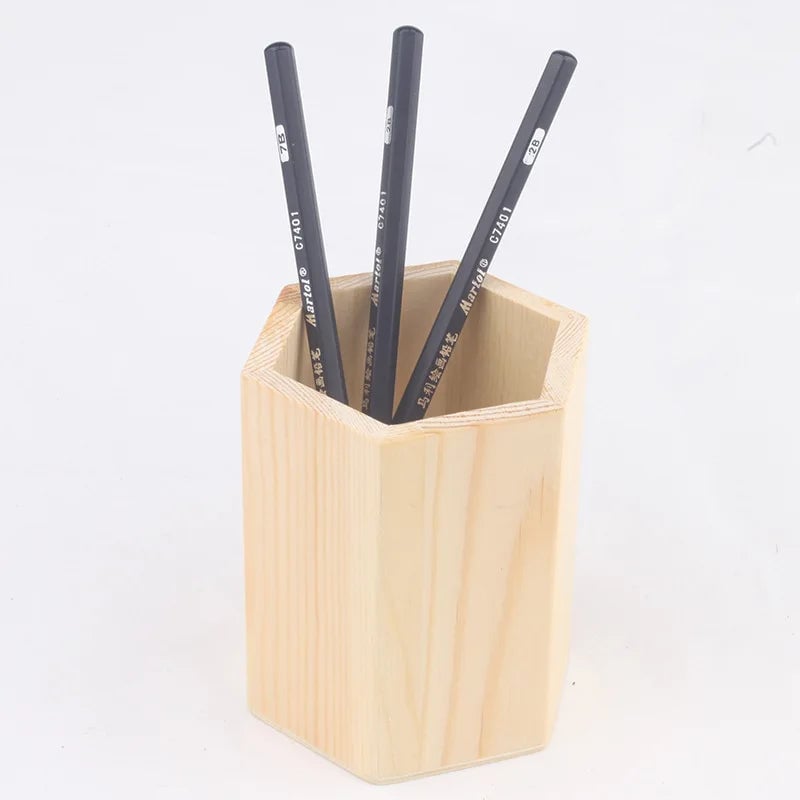 Wood Pencil Holder Desk Organiser Square Round Hexagon Pen Pot Cup