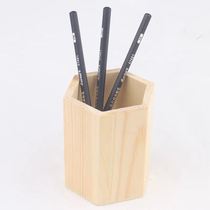 Wood Pencil Holder Desk Organiser Square Round Hexagon Pen Pot Cup
