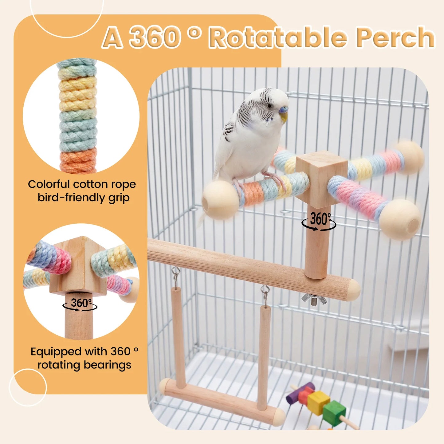 Natural Wood Bird Perch Swing Hammock Cage Toy for Parakeets