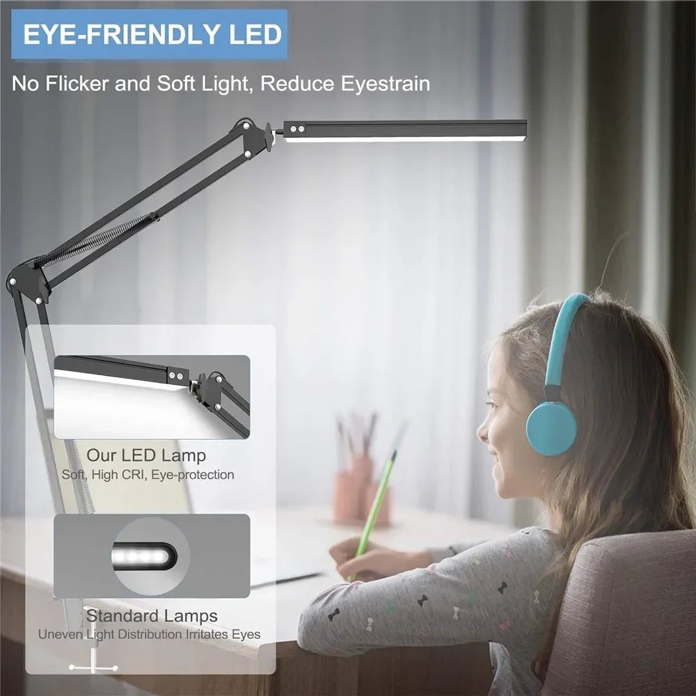 14W LED Desk Lamp Eye-Care Metal Swing Arm 3 Color Dimmable Clamp