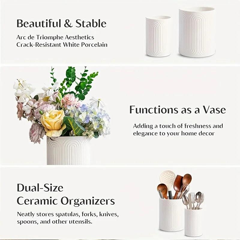 White Ceramic Utensil Holder Countertop Organizer 1/2 Piece Set