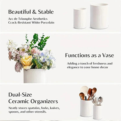 White Ceramic Utensil Holder Countertop Organizer 1/2 Piece Set