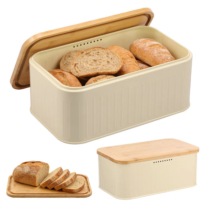Metal Bread Box with Bamboo Lid & Ventilation Holes Storage