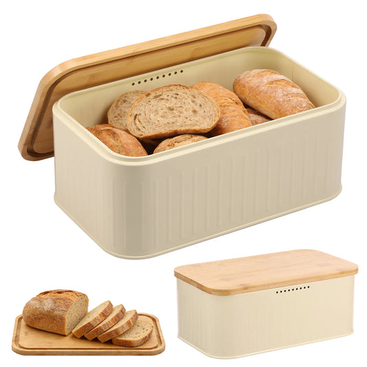 Metal Bread Box with Bamboo Lid & Ventilation Holes Storage