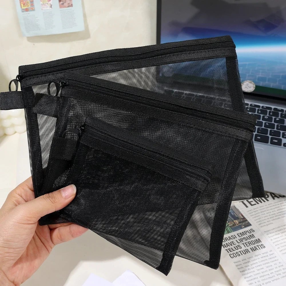 Mesh Clear Cosmetic Bags Set - Black Makeup Travel Organizer Pouch