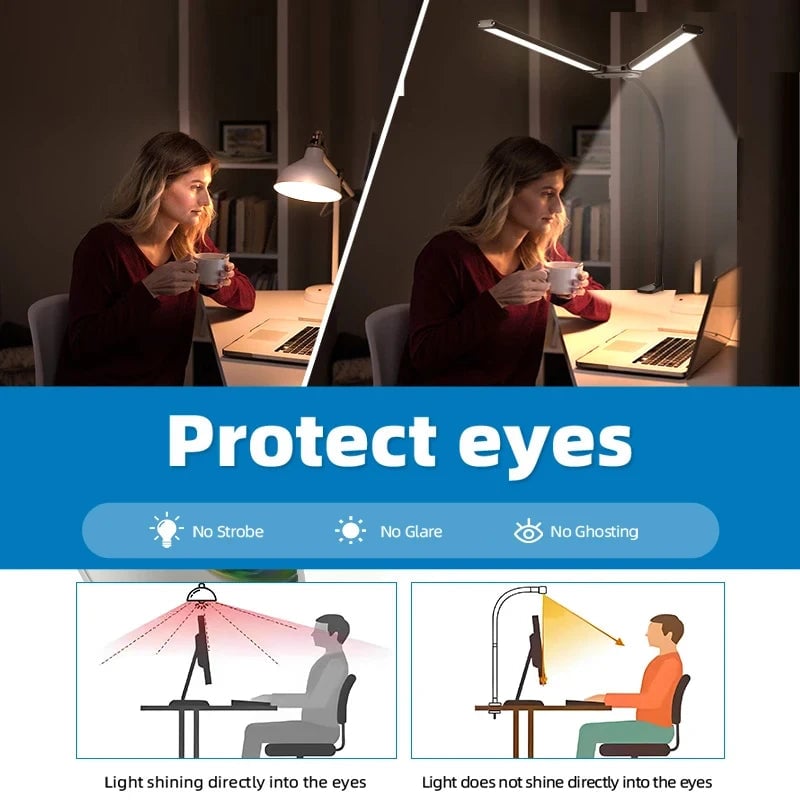 LED Clamp Desk Lamp Dimmable Double Head Eye-Care Office Reading