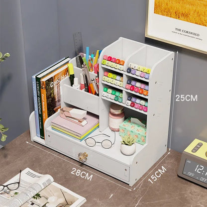 Wooden Desktop Organizer with Shelves - Multi-Compartment Pen Holder