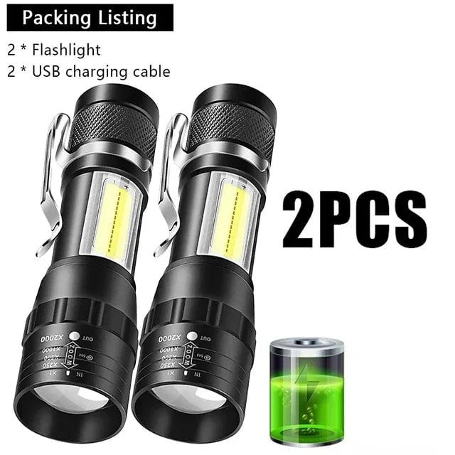USB Rechargeable Mini Flashlight COB+XPE LED 3-Mode Zoomable Torch