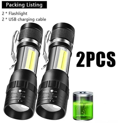 USB Rechargeable Mini Flashlight COB+XPE LED 3-Mode Zoomable Torch