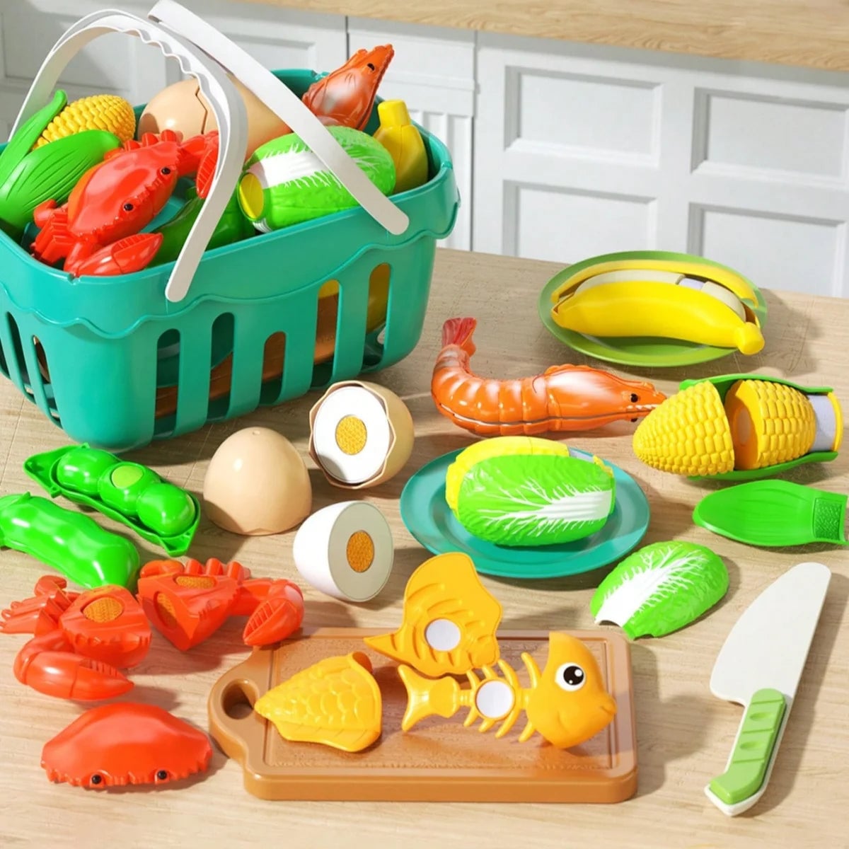 Cutting Play Food Set 30pc Wooden Kitchen Toys Educational Pretend