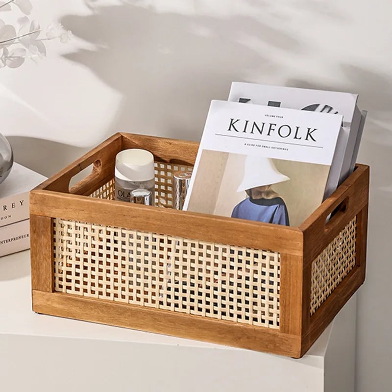 Solid Wood Rattan Storage Basket - Multi-Room Kitchen Bathroom Organizer