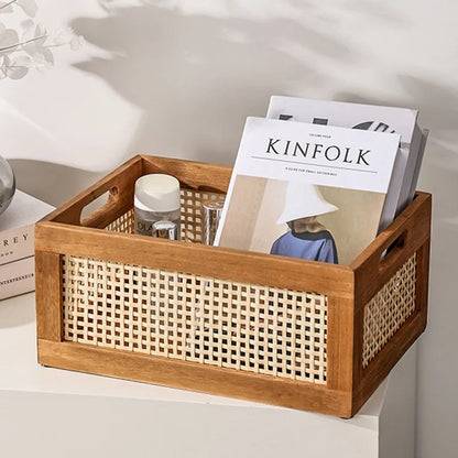 Solid Wood Rattan Storage Basket - Multi-Room Kitchen Bathroom Organizer