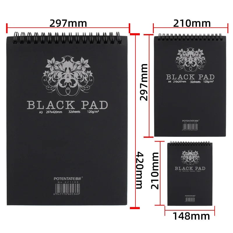 32 Sheet A4/A5 Black Paper Sketchbook 120GSM Spiral Bound Drawing Pad