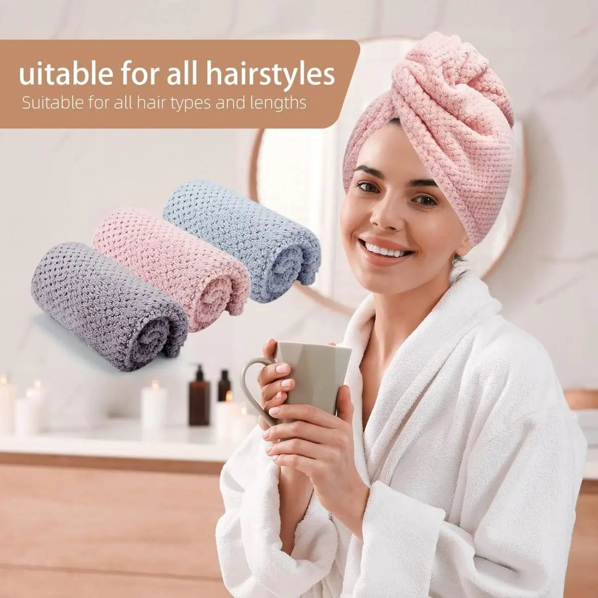 Women Hair Towel Wrap with Button - Quick Dry Absorbent Cap 9.8x25.5