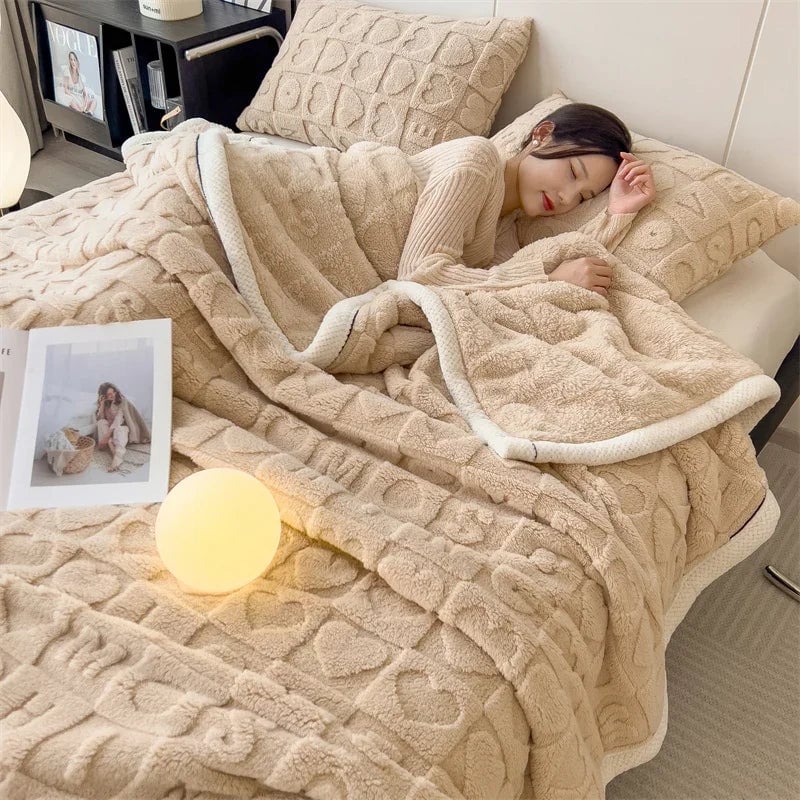 Winter Fleece Heart Plush Blanket - Soft Thick Bed Sofa Single Double