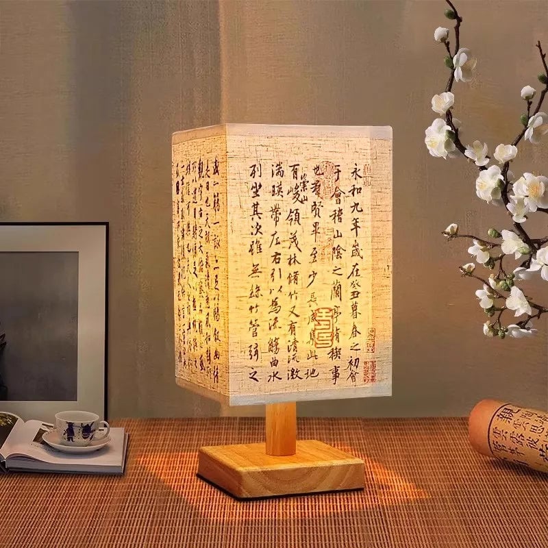 LED Dimmable Table Lamp Chinese Style Fabric Lampshade Bedroom Light