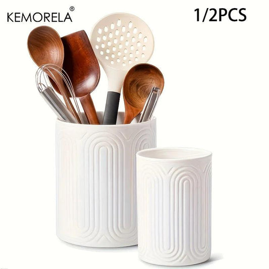 White Ceramic Utensil Holder Countertop Organizer 1/2 Piece Set