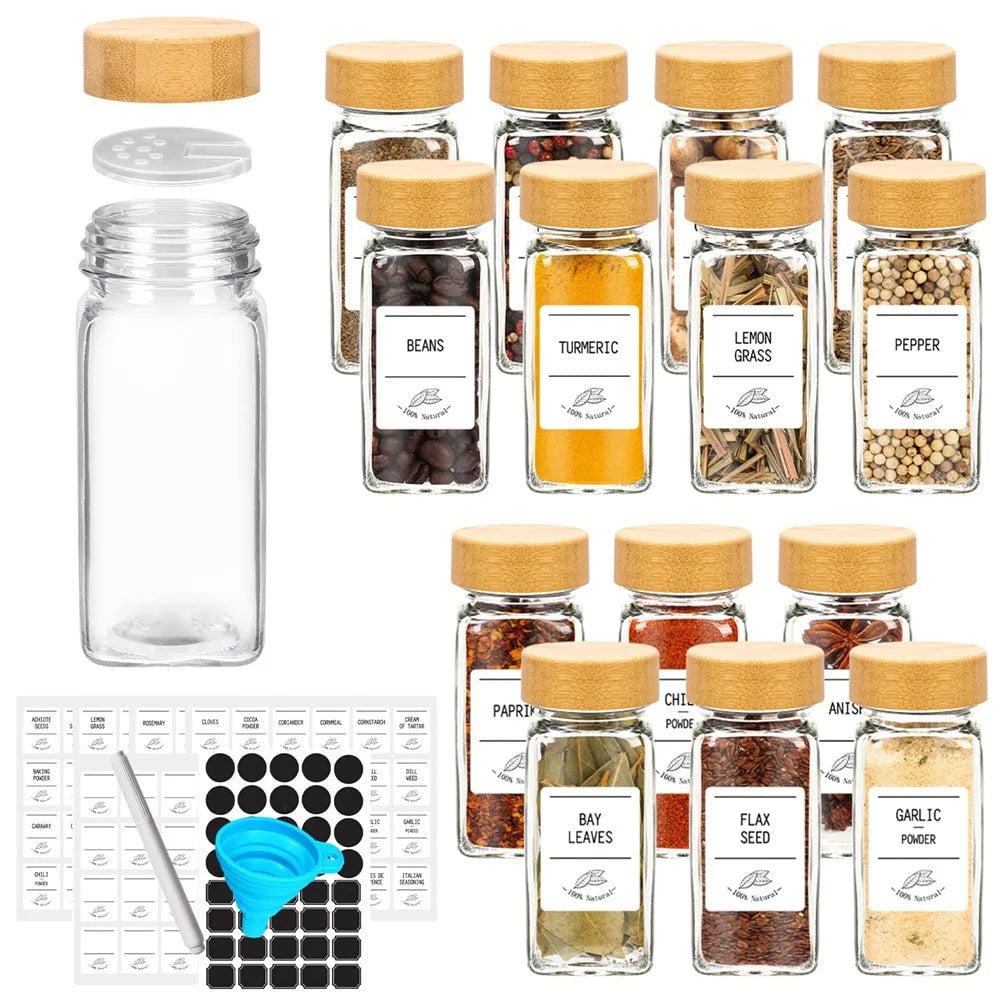 12pc Glass Spice Jars with Bamboo Lids, Labels & Collapsible Funnel