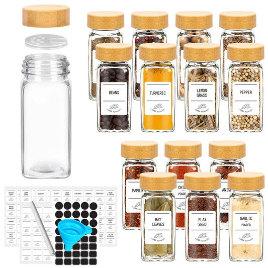 12pc Glass Spice Jars with Bamboo Lids, Labels & Collapsible Funnel