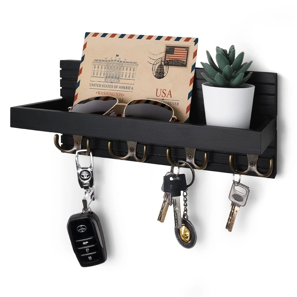 Wooden Wall Mount Key Holder Mail Organizer 4 Hooks Rustic Entryway