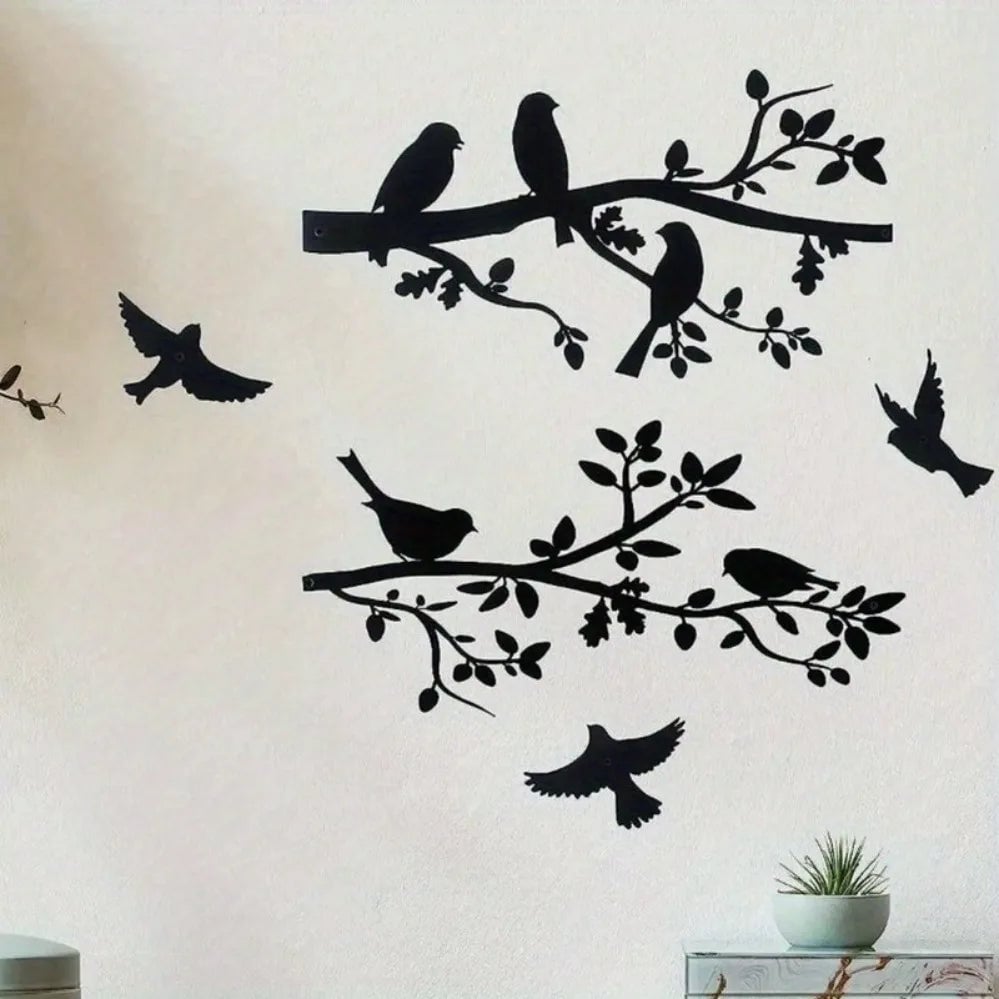 5 Piece Metal Bird Wall Art Set - Black Branch Sculpture Decor