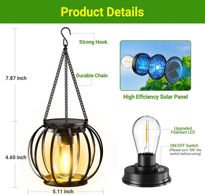 Vintage Solar Lantern Waterproof LED Warm White Outdoor Hanging