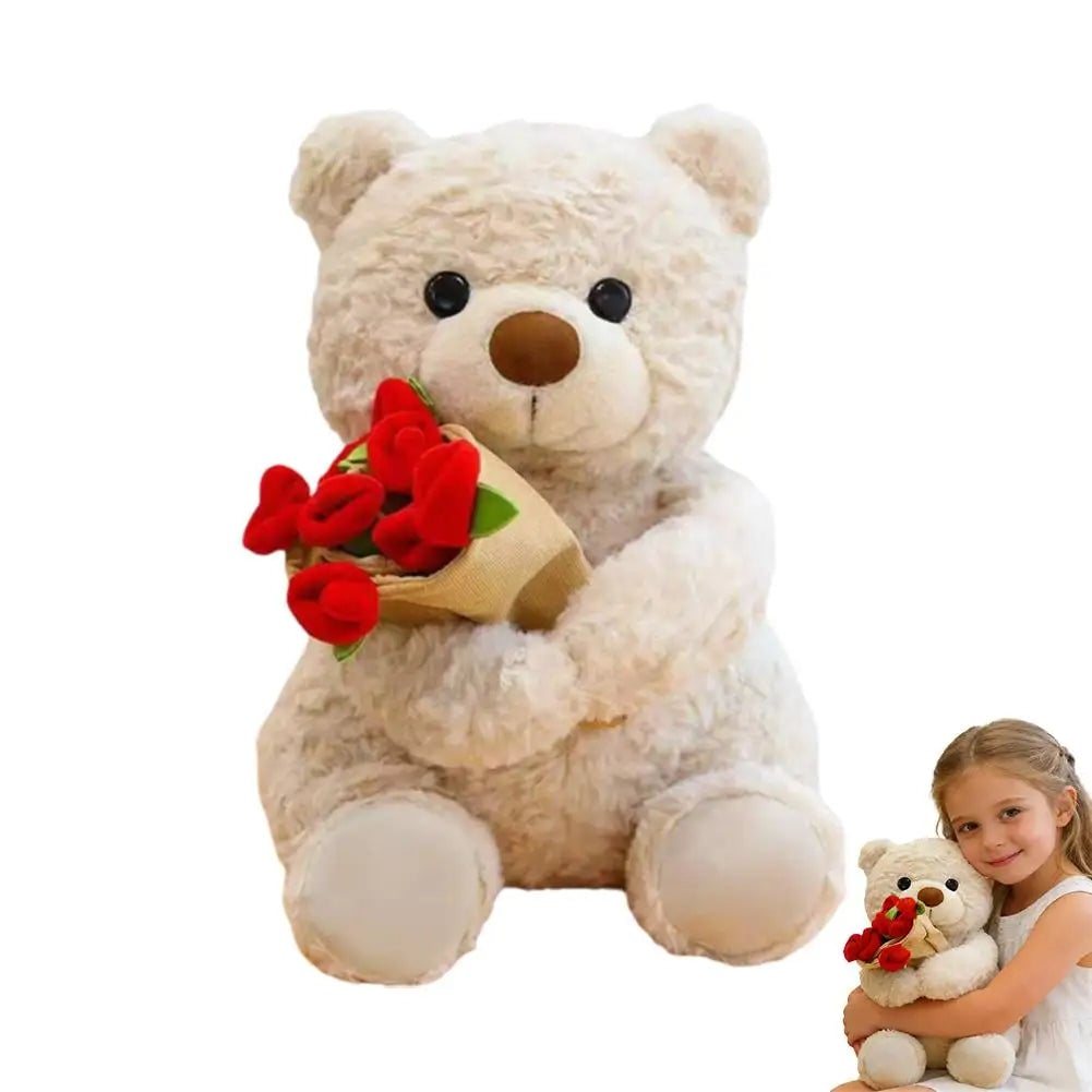 Plush Teddy Bear with Roses Stuffed Soft Toy Romantic Decor Gift