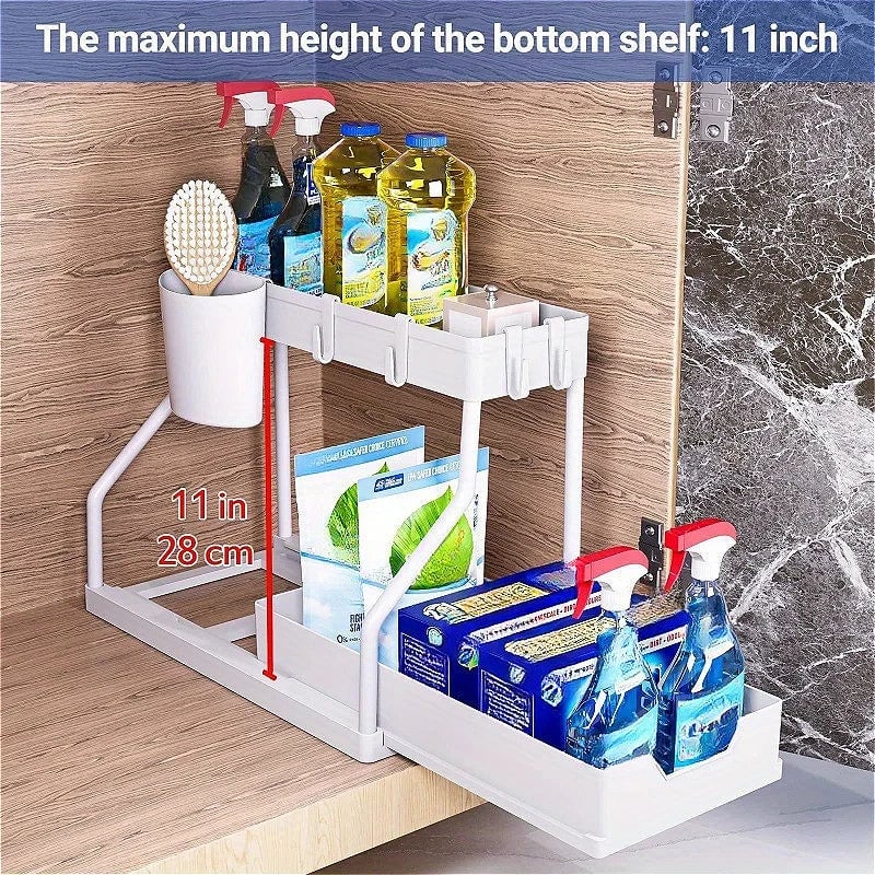 2 Tier Pull Out Under Sink Organizer Cabinet Storage Shelf Hooks