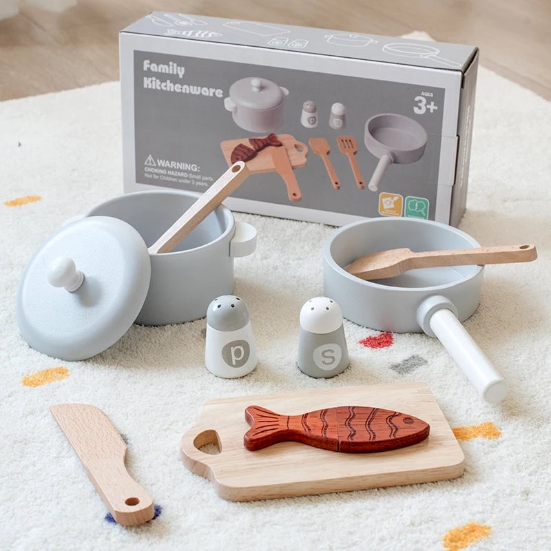 Wooden Kitchen Play Set - Chef Role Play Toys with Pots Pans & Food