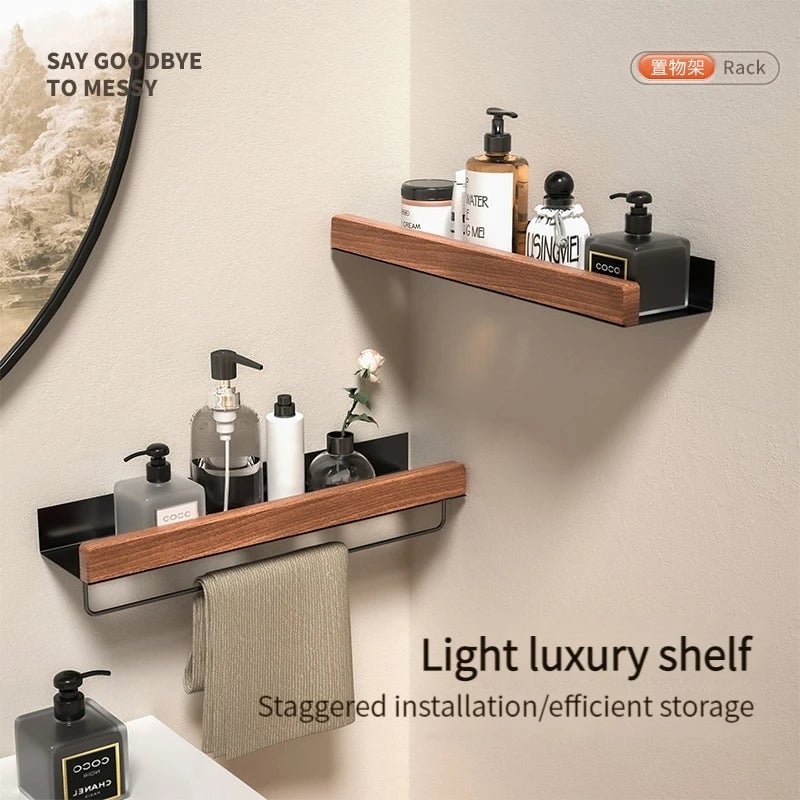 Wood Aluminum Corner Bathroom Shelf Wall Mount Shampoo Storage Rack