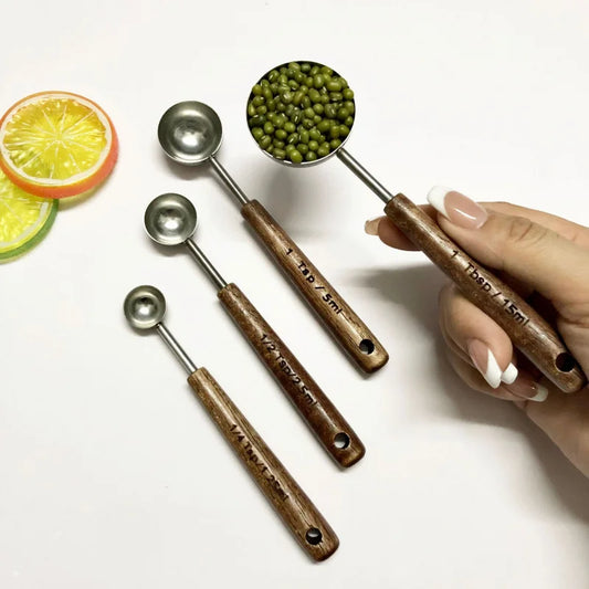 Oak Handle Stainless Steel Measuring Spoon - Coffee Bean Milk Powder