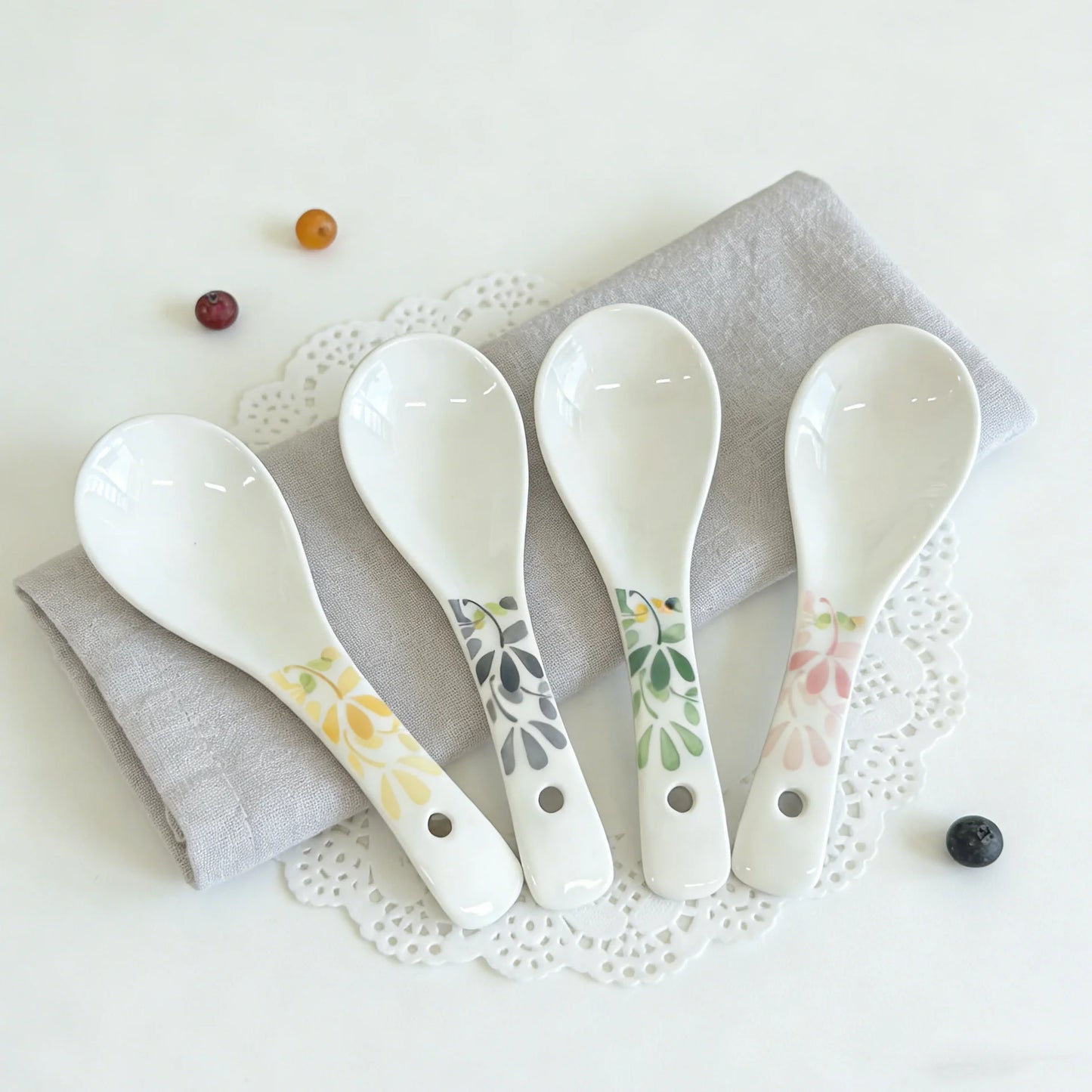 15cm Ceramic Soup Spoons Set - Four Seasons Floral Underglaze Design