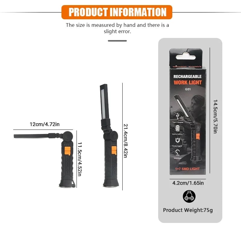 USB Rechargeable COB LED Work Light Magnetic Portable Camping Torch