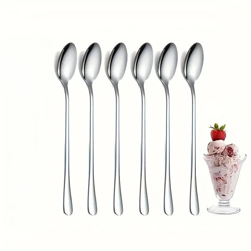 6Pcs Stainless Steel Long Handle Coffee Spoons Set - Ice & Mixing