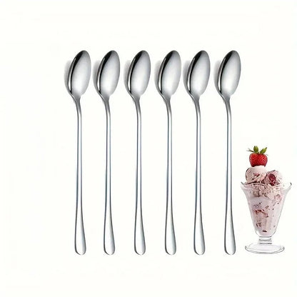 6Pcs Stainless Steel Long Handle Coffee Spoons Set - Ice & Mixing