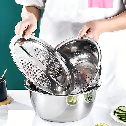 3PC Stainless Steel Kitchen Set Grinder Strainer Bowl Combo Drain