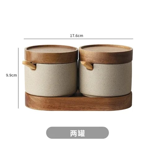 Round Ceramic Spice Jar with Wooden Lid - Salt Pepper Storage