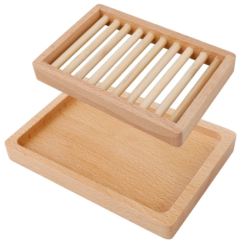 Two Tier Wooden Soap Dish Holder 14x10x2.5cm Bathroom Storage Tray