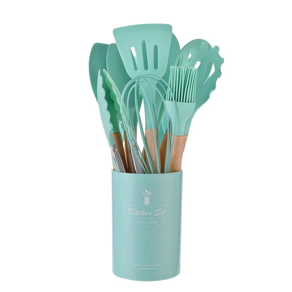 12PC Silicone Kitchen Utensils Set Non-Stick Wooden Handle Spatula