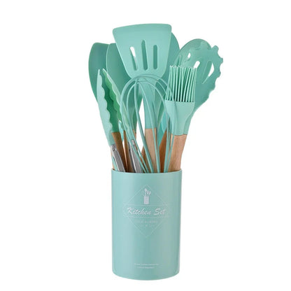 12PC Silicone Kitchen Utensils Set Non-Stick Wooden Handle Spatula