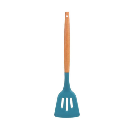 Blue Heat-Resistant Silicone Spatula Spoon with Wooden Handle
