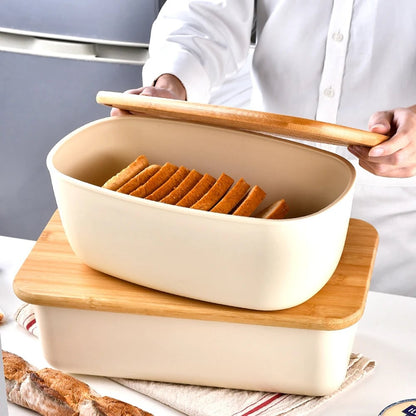 Bamboo Lid Bread Storage Box Container Kitchen Food Organizer