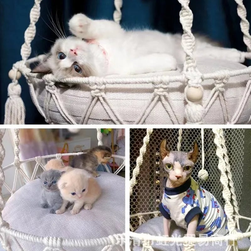 Hand Woven Cotton Rope Cat Hammock - Winter Pet Hanging Basket